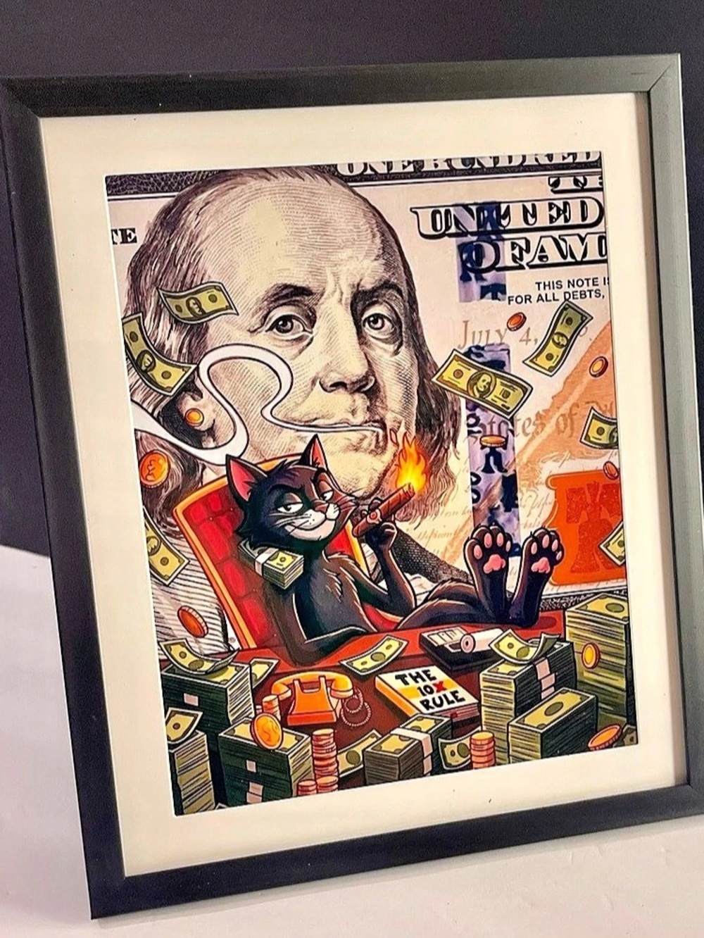 Framed “Boss Cat” Money Art Print – Motivational Wall Decor 10x12
